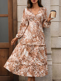 Long-sleeved V-neck slit printed dress