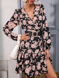 Retro style lantern sleeve v-neck dress