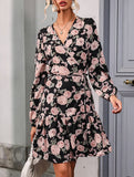 Retro style lantern sleeve v-neck dress