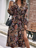 Retro style V-neck waist printed dress