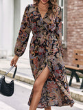Retro style V-neck waist printed dress