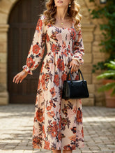 Retro square neck slit print dress