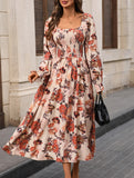 Retro square neck slit print dress