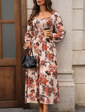 Retro square neck slit print dress