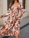 Retro square neck slit print dress