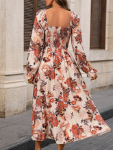 Retro square neck slit print dress