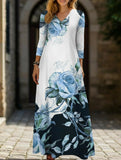 Printed V-neck button-down long-sleeved dress