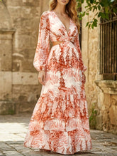 Fashion long printed V-neck long-sleeved dress