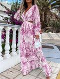 Fashion long printed V-neck long-sleeved dress