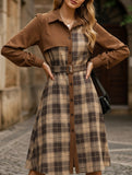 Retro-style shirt collar plaid patchwork dress