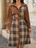 Retro-style shirt collar plaid patchwork dress