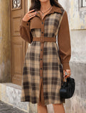 Retro-style shirt collar plaid patchwork dress
