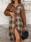 Retro-style shirt collar plaid patchwork dress