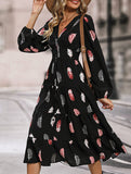 Colorful feather print three-quarter sleeve dress