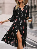 Colorful feather print three-quarter sleeve dress