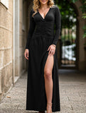 Retro deep V long sleeve maxi dress