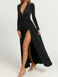 Retro deep V long sleeve maxi dress