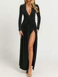 Retro deep V long sleeve maxi dress