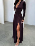 Retro deep V long sleeve maxi dress