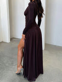 Retro deep V long sleeve maxi dress