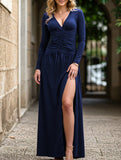 Retro deep V long sleeve maxi dress