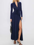 Retro deep V long sleeve maxi dress