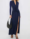 Retro deep V long sleeve maxi dress