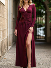 Retro deep V long sleeve maxi dress