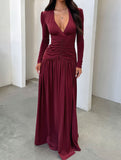 Retro deep V long sleeve maxi dress