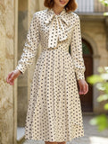 Retro style bow collar long sleeve polka dot dress