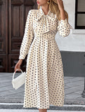 Retro style bow collar long sleeve polka dot dress