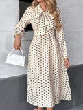 Retro style bow collar long sleeve polka dot dress