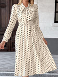 Retro style bow collar long sleeve polka dot dress