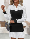 Lapel Colorblock Pleated Fitted Dress