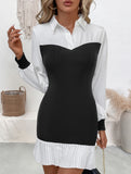 Lapel Colorblock Pleated Fitted Dress