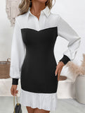 Lapel Colorblock Pleated Fitted Dress