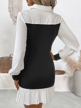 Lapel Colorblock Pleated Fitted Dress