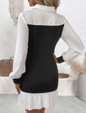 Lapel Colorblock Pleated Fitted Dress