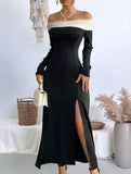 Off-the-shoulder color-block slit dress