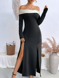 Off-the-shoulder color-block slit dress