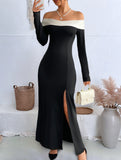 Off-the-shoulder color-block slit dress