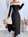 Off-the-shoulder color-block slit dress
