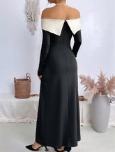 Off-the-shoulder color-block slit dress