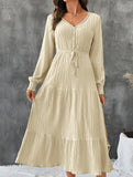 2025 Autumn Pleated V-Neck Solid Color Dress