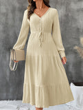 2025 Autumn Pleated V-Neck Solid Color Dress