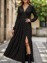 Retro Lace V-Neck Bowknot Print Long Sleeve Dress