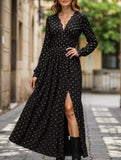 Retro Lace V-Neck Bowknot Print Long Sleeve Dress
