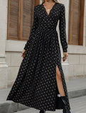 Retro Lace V-Neck Bowknot Print Long Sleeve Dress