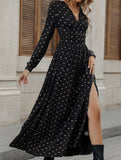 Retro Lace V-Neck Bowknot Print Long Sleeve Dress