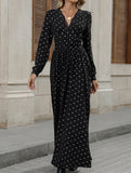 Retro Lace V-Neck Bowknot Print Long Sleeve Dress